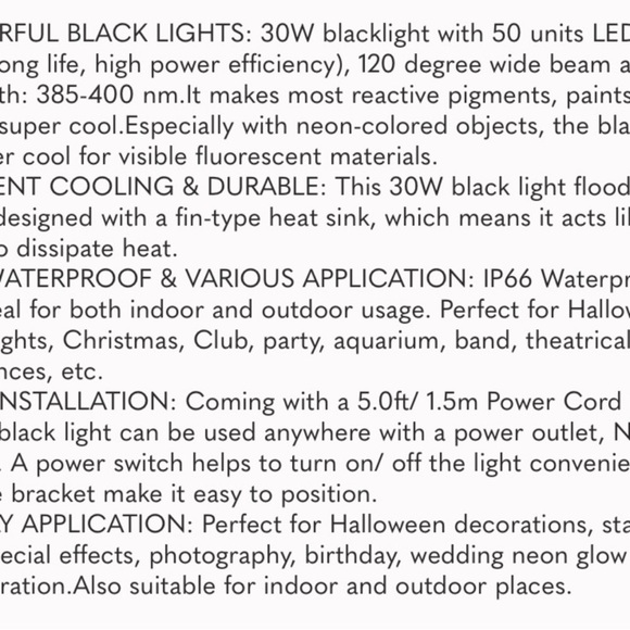 2 Pack 30W LED Black Lights, Blacklight Flood Light with Plug, IP66 Waterproof - Picture 5 of 8